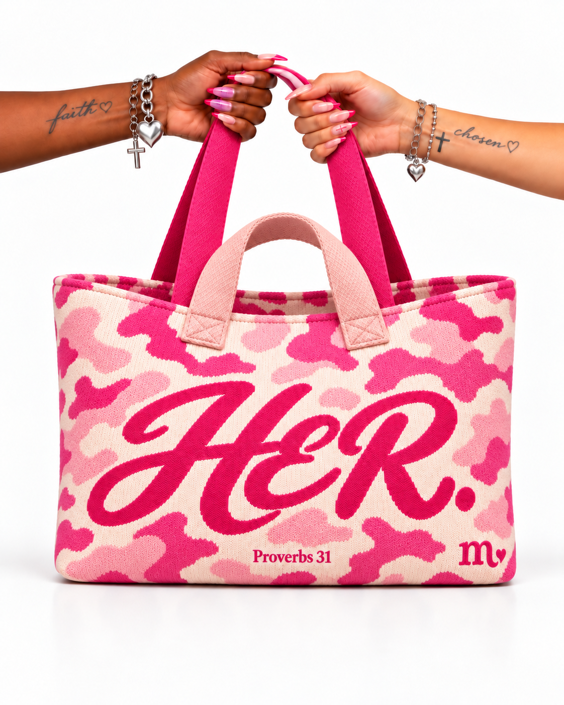 HER. Pink Navy knit tote pre order
